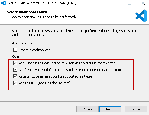 Options d'installation VS Code